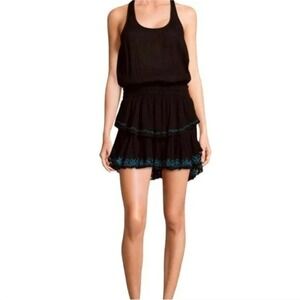 NWT Love Shack Fancy Black Ruffle Racer Back Mini Dress w Blue Embroidery Size S